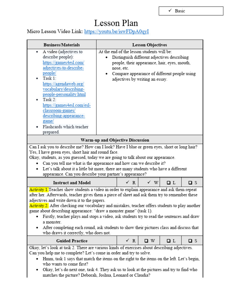 Lesson Plan: Describing Appearance with Adjectives | PDF | Behavior ...