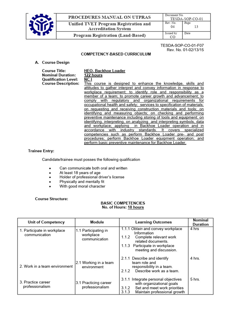 TESDA-SOP-CO-01-f07 - Competency Based Curriculum Backhoe | PDF ...