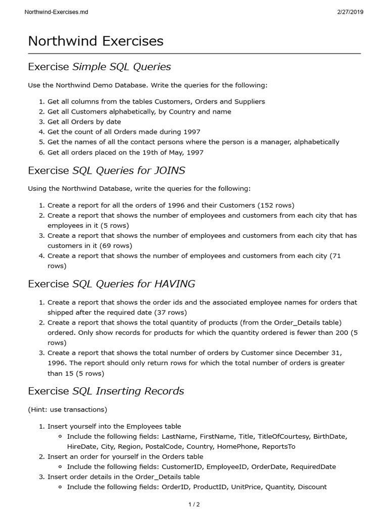 Northwind Database Exercises