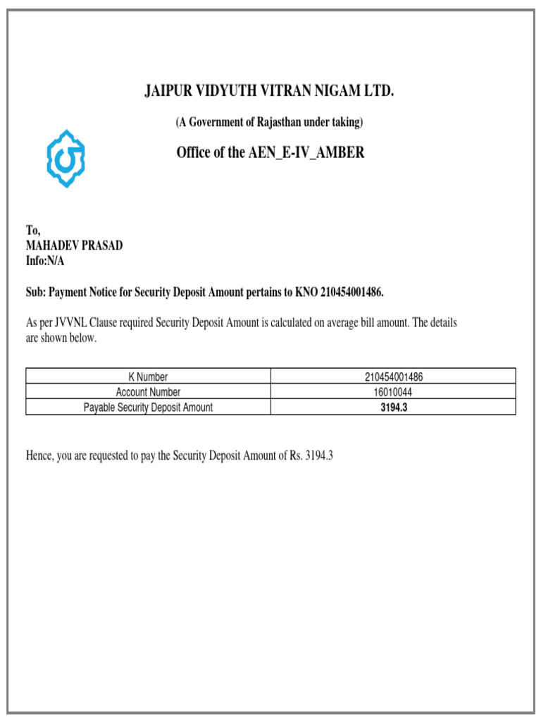 Security Deposit Payment Notice - JVVNL | PDF