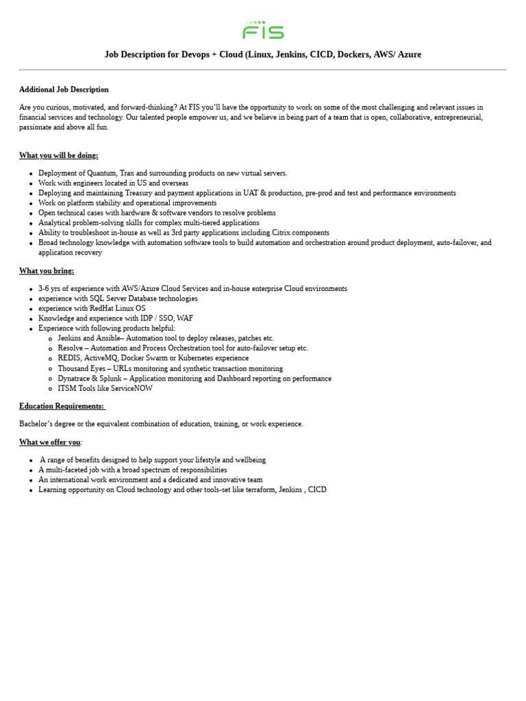 Job description jr0270208 devops cloud linux jenkins cicd