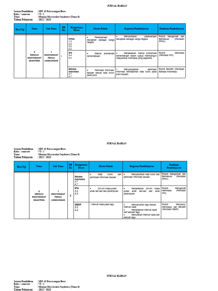 Jurnal Harian Kelas 6 Sd Pdf