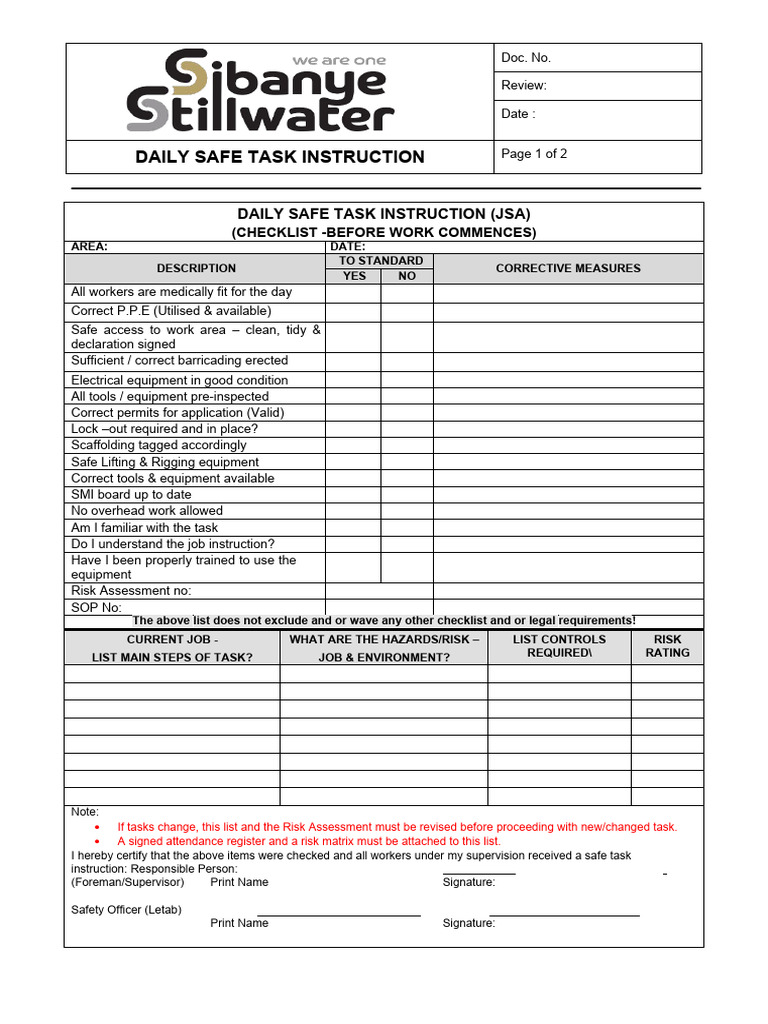 Daily Safe Task Instruction Checklist | PDF | Risk | Working Conditions