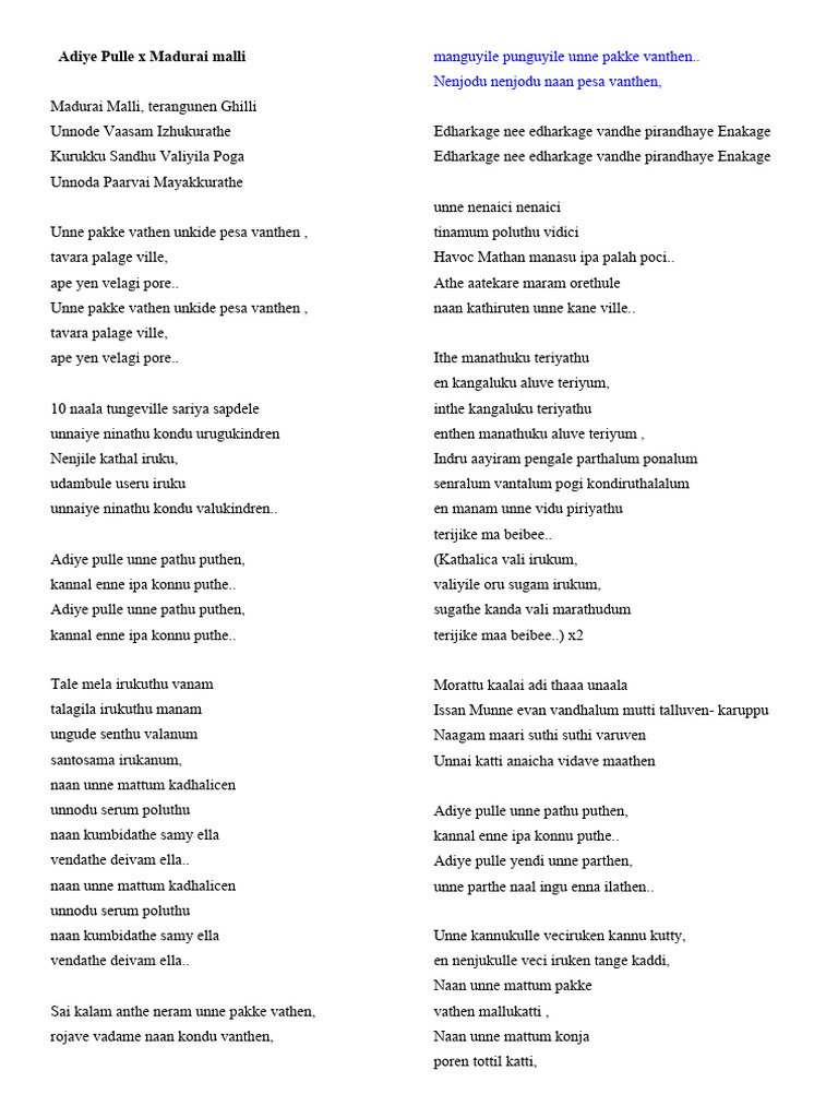 Adiye Pulle x Madurai Malli Lyrics | PDF | Self-Improvement | Wellness