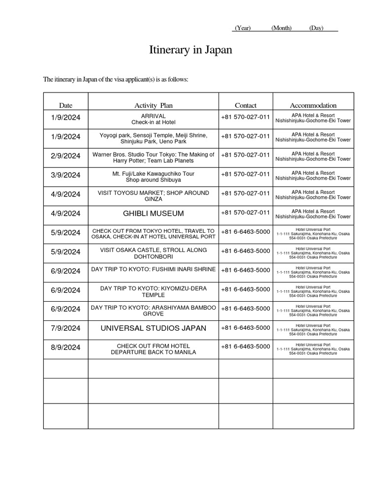 Sample JP Itinerary | PDF | Tokyo | Hospitality Industry