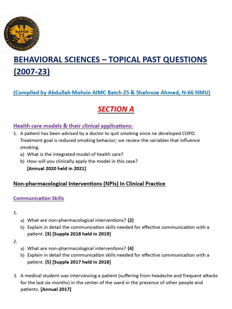 Behavioral Sciences Past Exam Questions | PDF | Medical Ethics ...