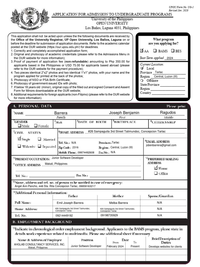Application For Undergraduate Program Rev. Jan 2020 2 | PDF