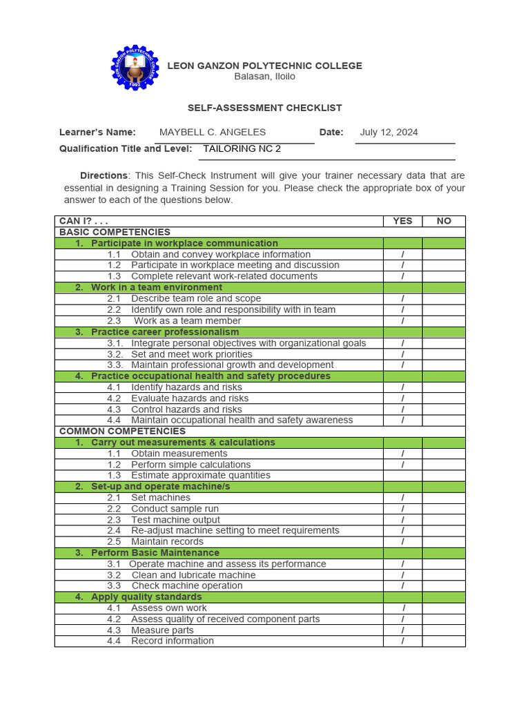 2 Self Assessment Checklist ULLA | PDF | Clothing | Occupational Safety ...