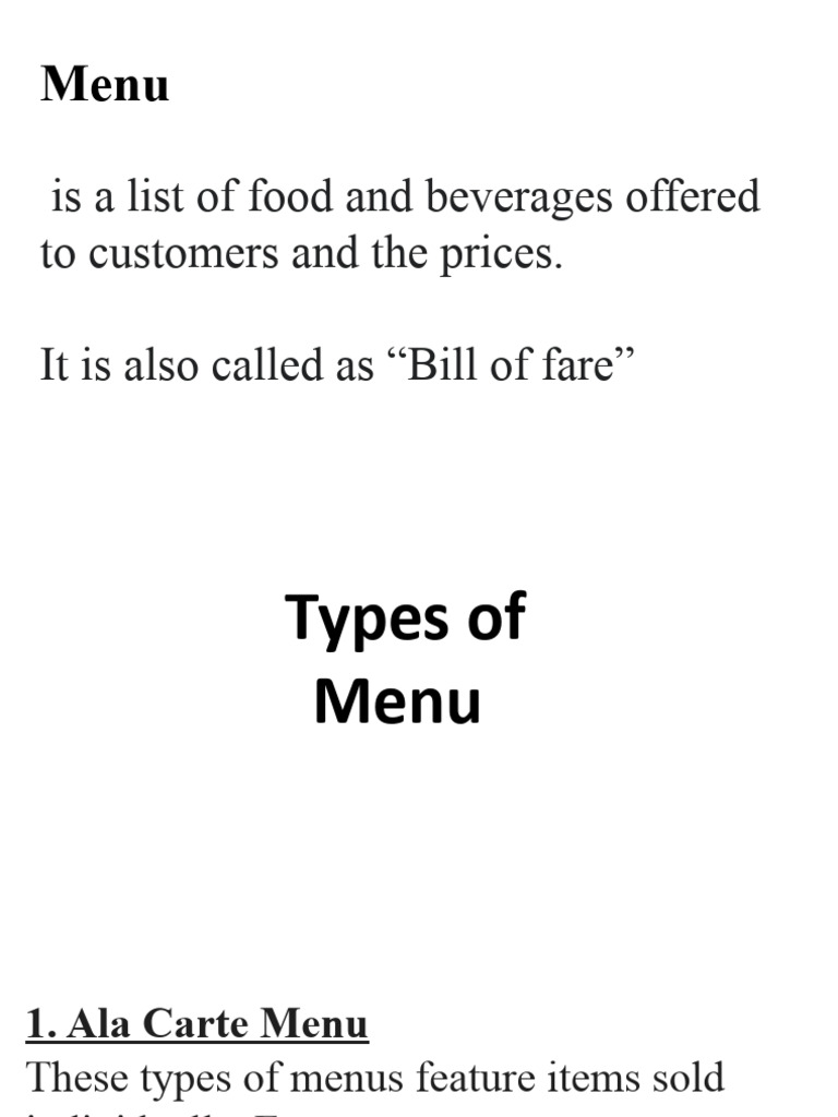 Types of Menus and Service Styles | PDF | Menu | Waiting Staff