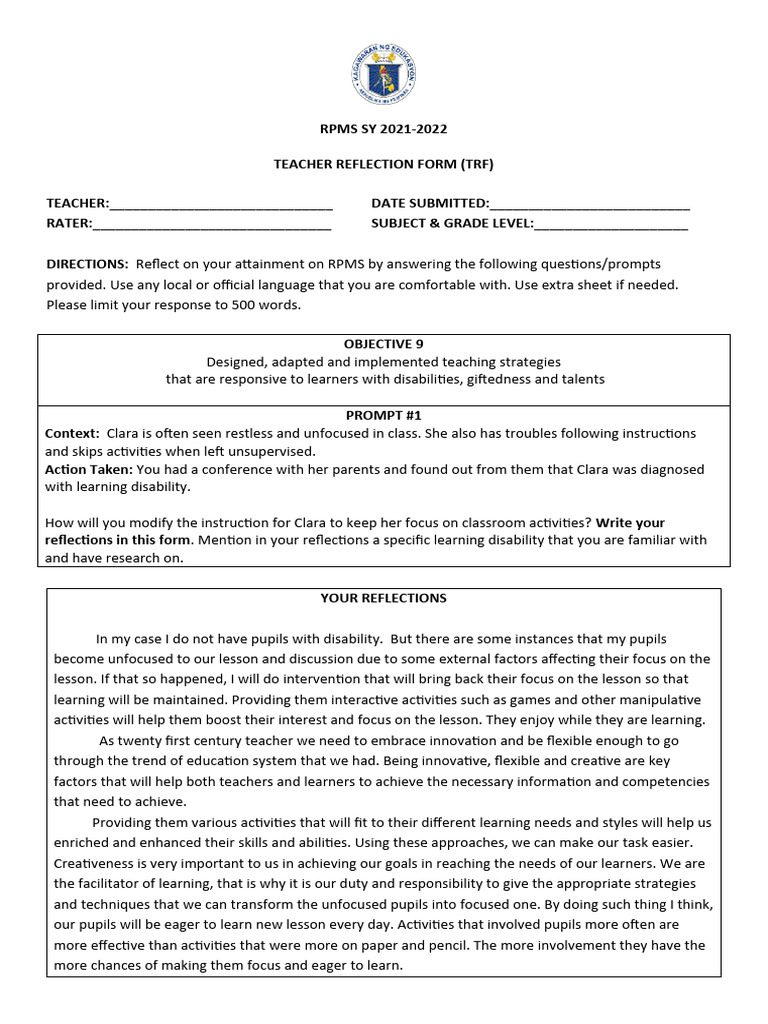 Teacher Reflection on RPMS Strategies | PDF | Teachers | Learning
