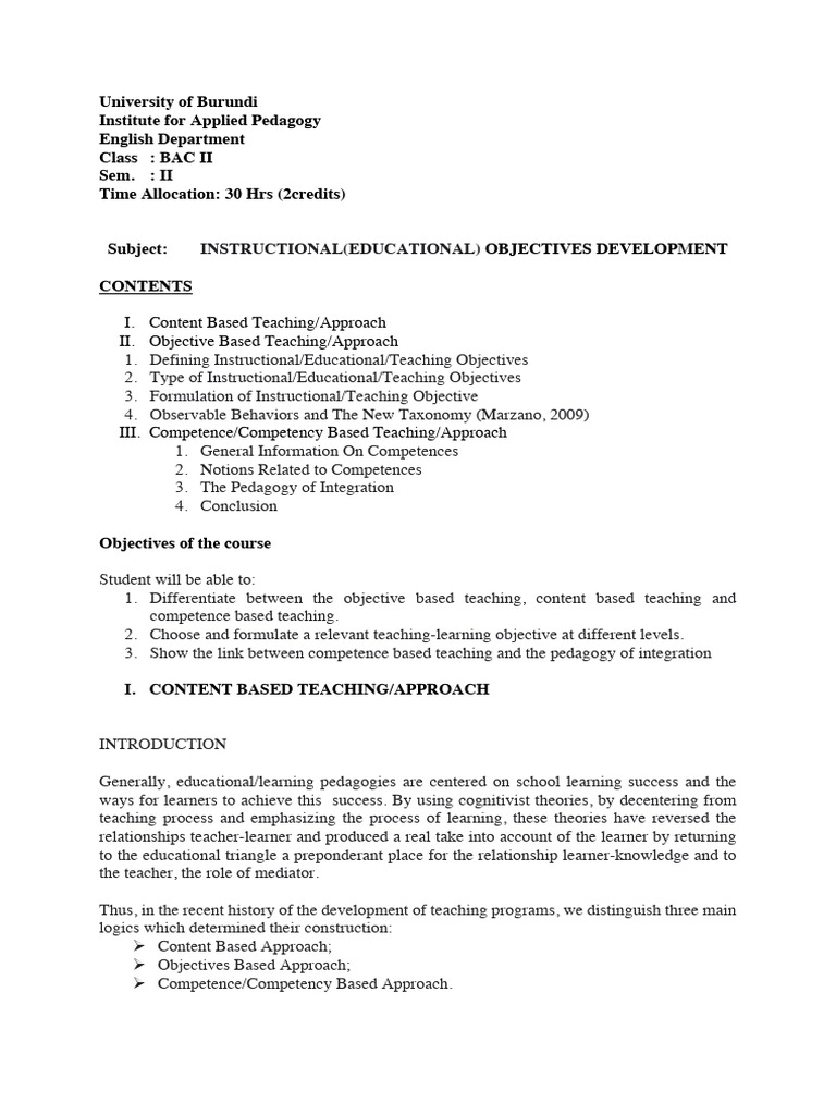 Educational Objectives Development PDF Knowledge Learning