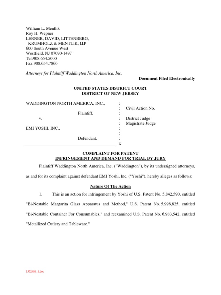 Waddington North America v. Emi Yoshi PDF Patent Infringement