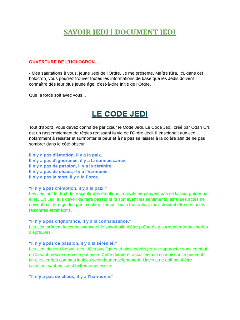 Guide du Jedi : Code et Règles Essentielles | PDF | Sith | Jedi