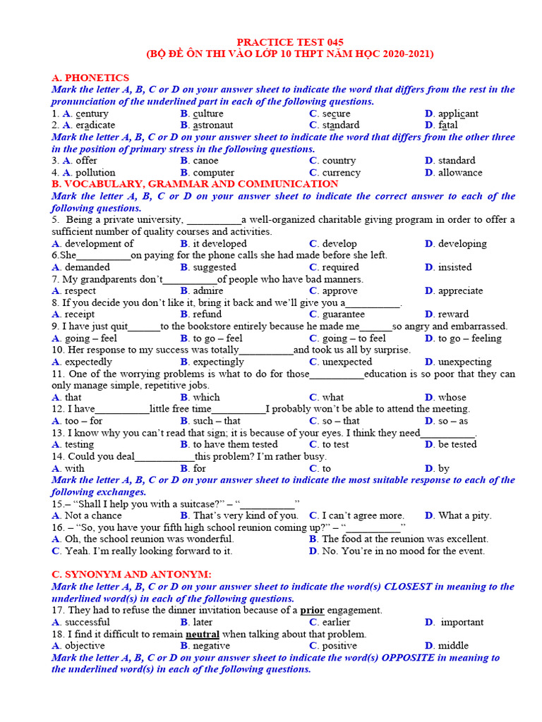Grade 10 Practice Test 045: Phonetics & Vocabulary | PDF | Climate ...