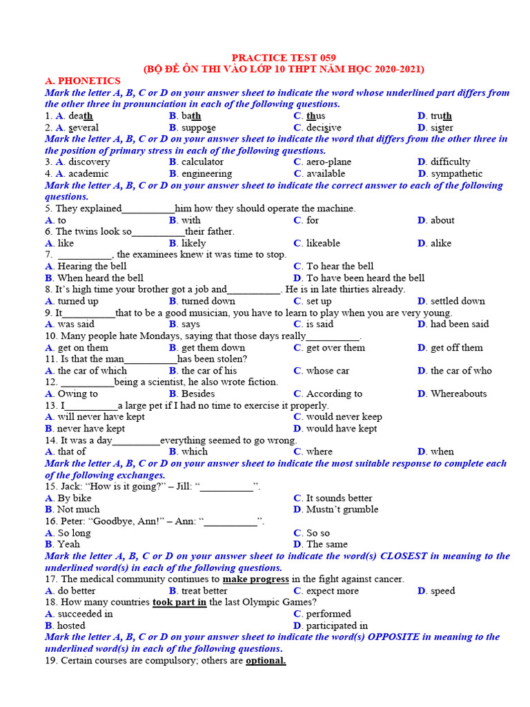 Grade 10 English Practice Test 2020-2021 | PDF | Body Language