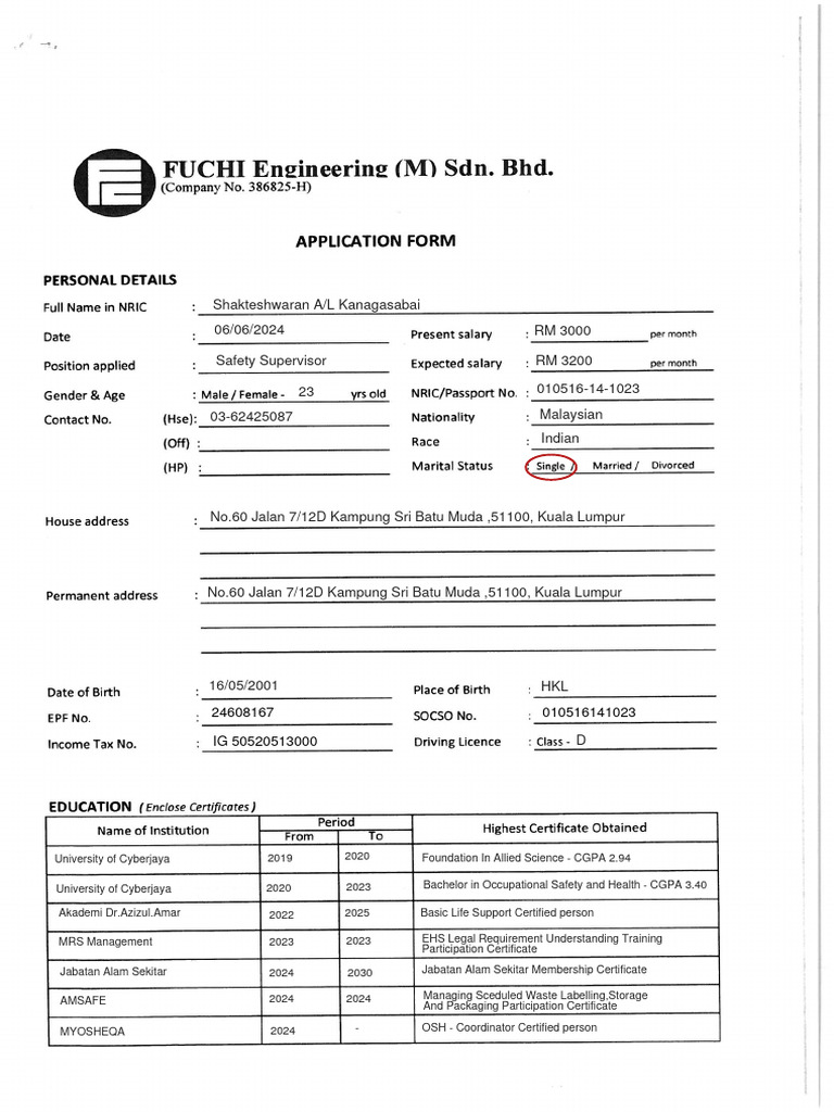 Application Form - Shaktesh | PDF | Malaysia