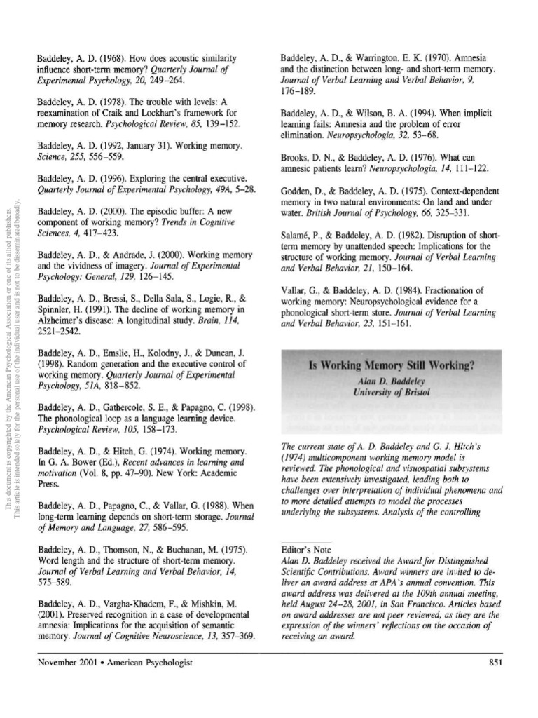 S Working Memory Still Working? Man I) - Baddeley University of Bristol ...