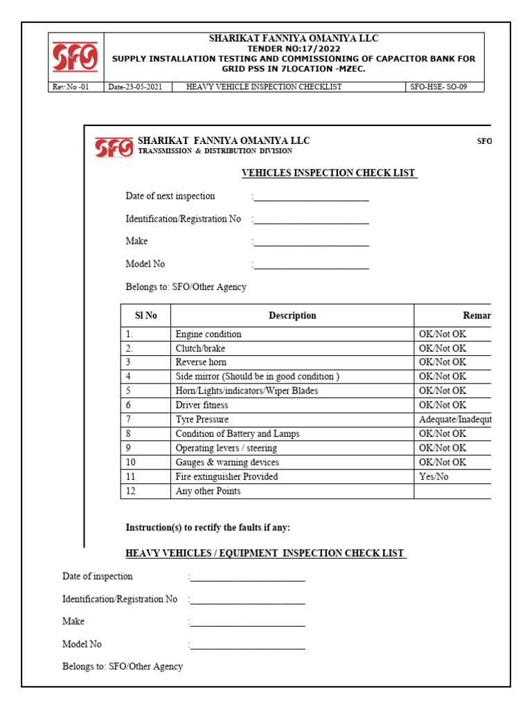 Heavy Vehicle Inspection Checklist | PDF | Vehicles | Truck