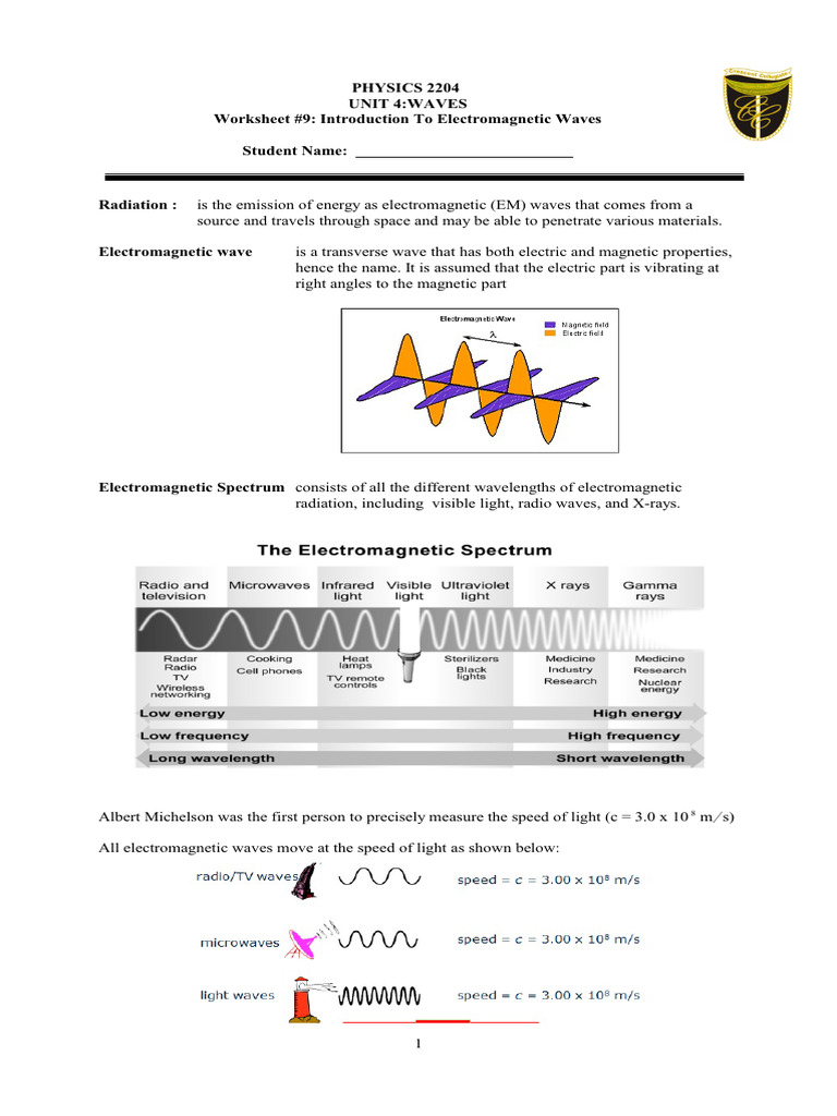 Physics Waves Worksheet Pdf Electromagnetic Radiation Waves