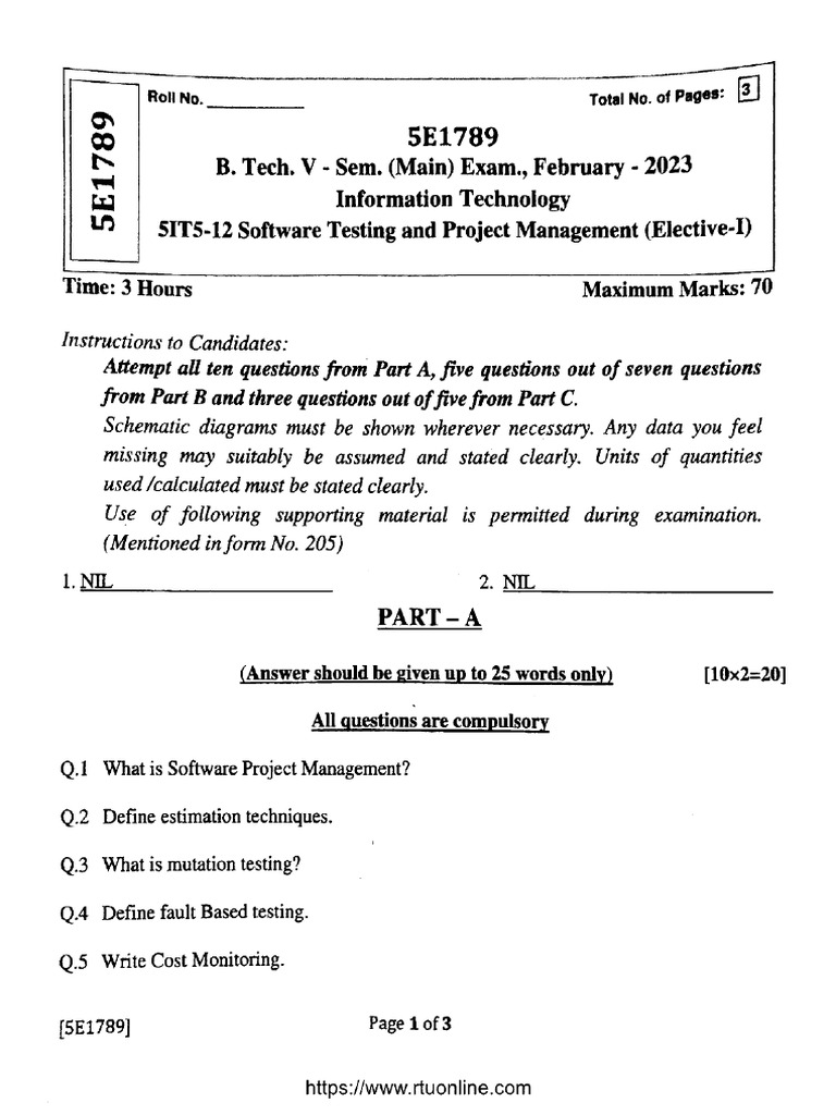 Btech It 5 Sem Software Testing and Project Management 5e1789 Feb 2023 ...