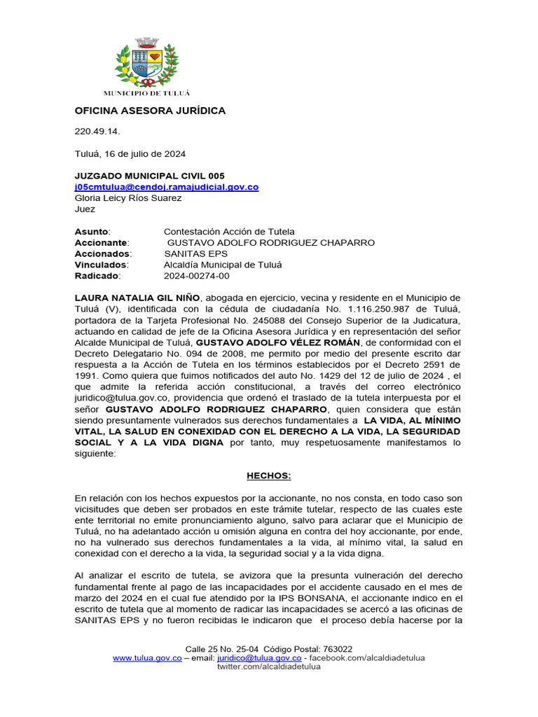Contestación de Acción de Tutela Gustavo Adolfo Rodriguez Chaparro ...