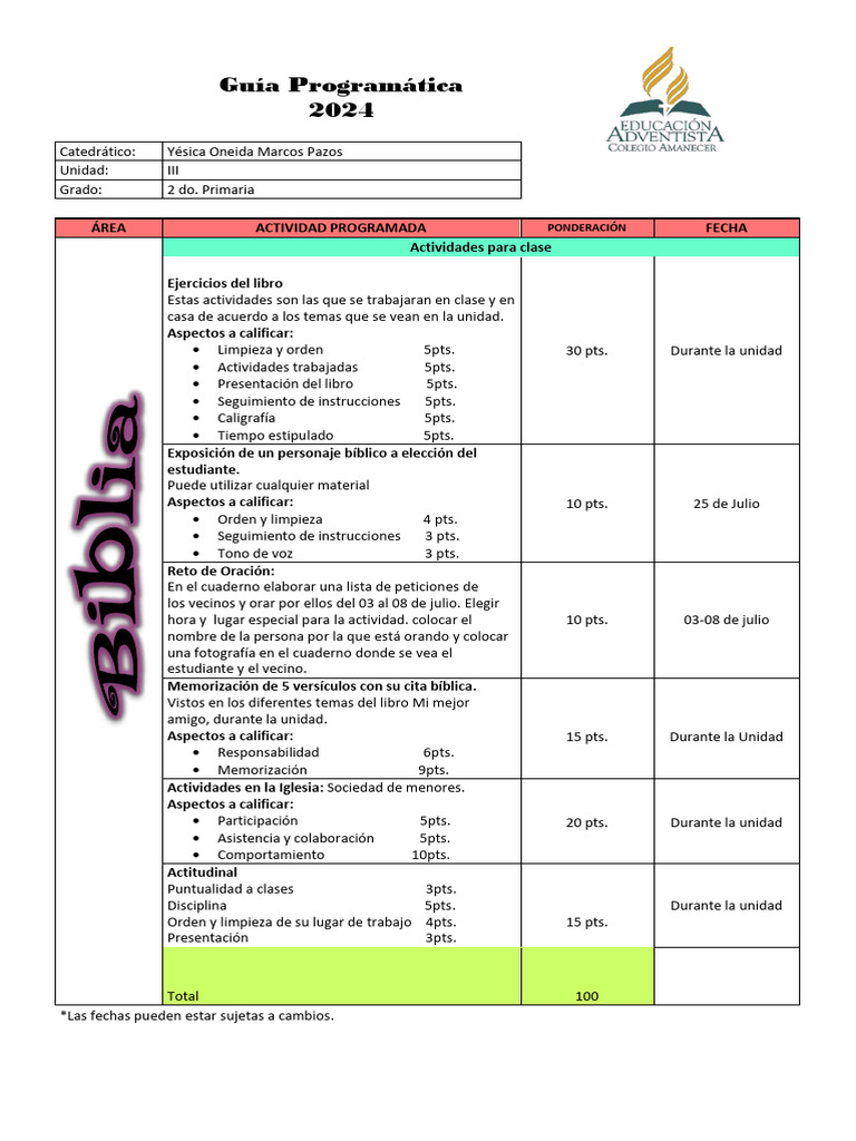 Guía Programática 2024: 2° Primaria | PDF