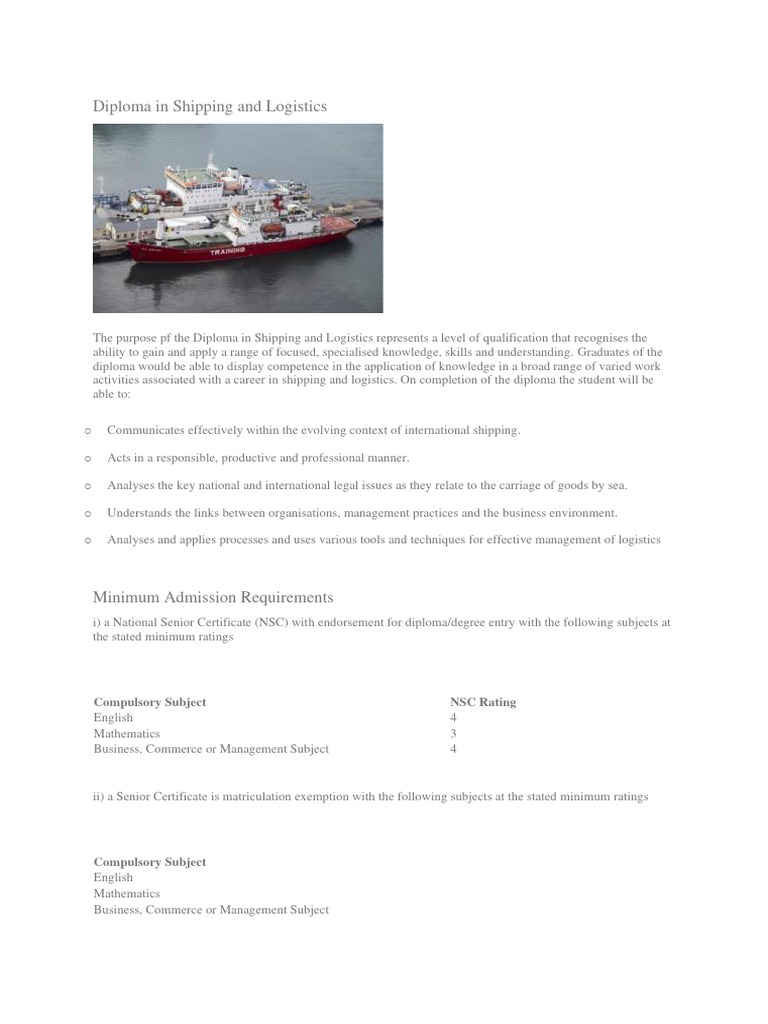 Diploma in Shipping and Logistics Overview | PDF
