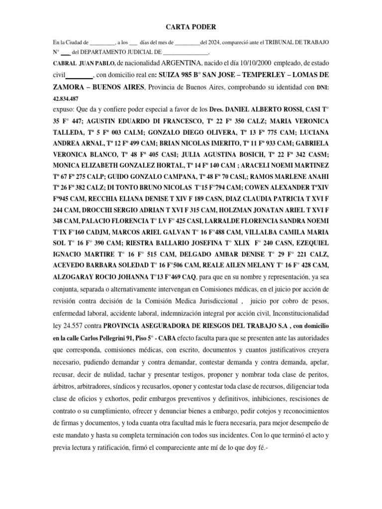 Carta Poder para Representación Legal | PDF