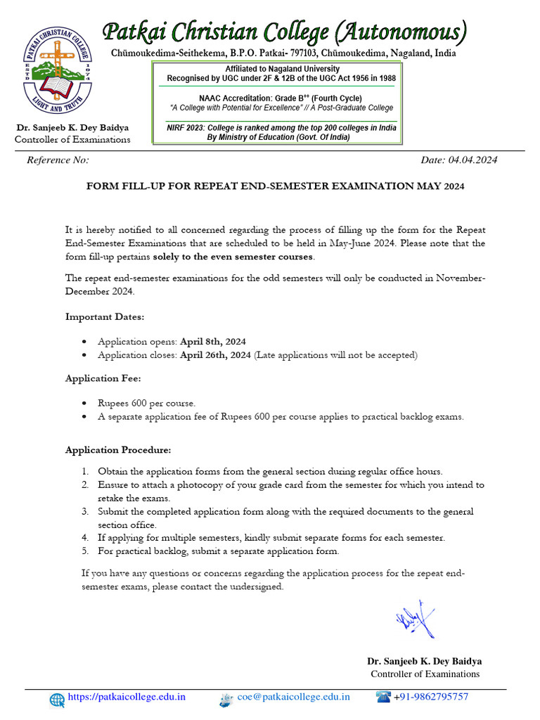 Repeat Exam Form Fill-Up May 2024 | PDF | Educational Stages