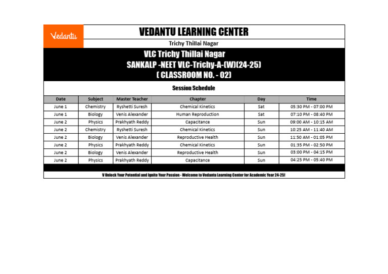 Vedantu NEET Class Schedule 2024-25 | PDF