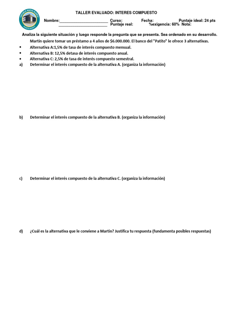 Taller Evaluado I. Compuesto | PDF | Finanzas y dinero