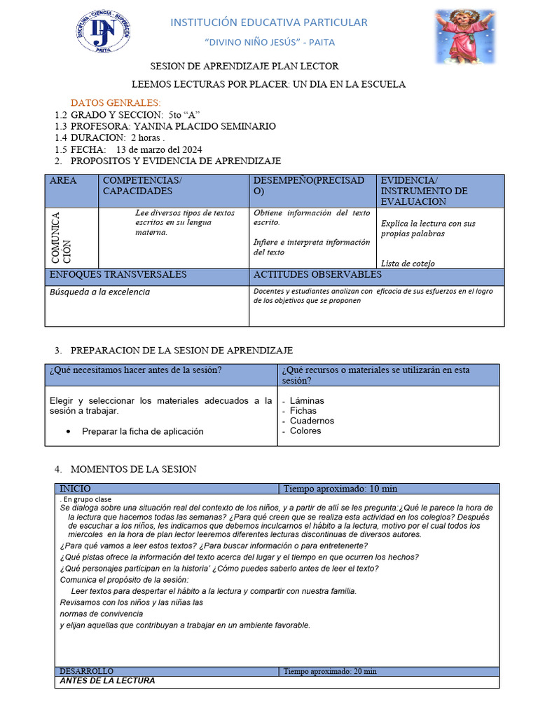 Plan Lector: Un Día en la Escuela | PDF | Aprendizaje | Ciencia cognitiva
