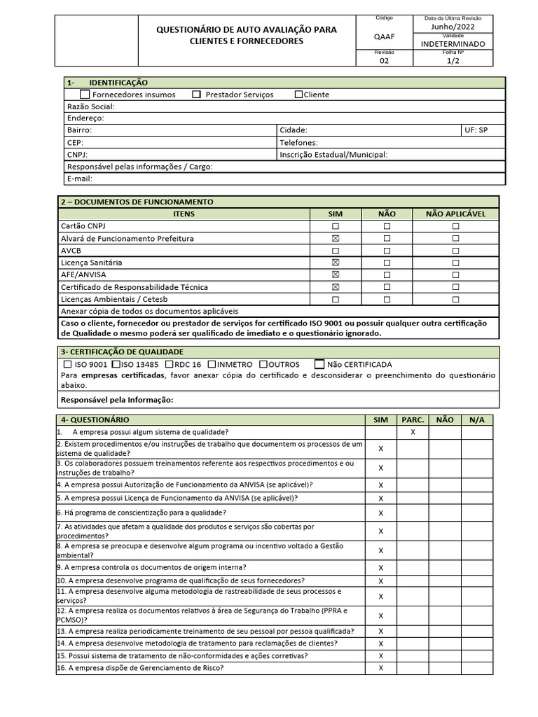 QAAF - Rev 02 - Questionário de Auto Avaliação de Fornecedores. | PDF ...