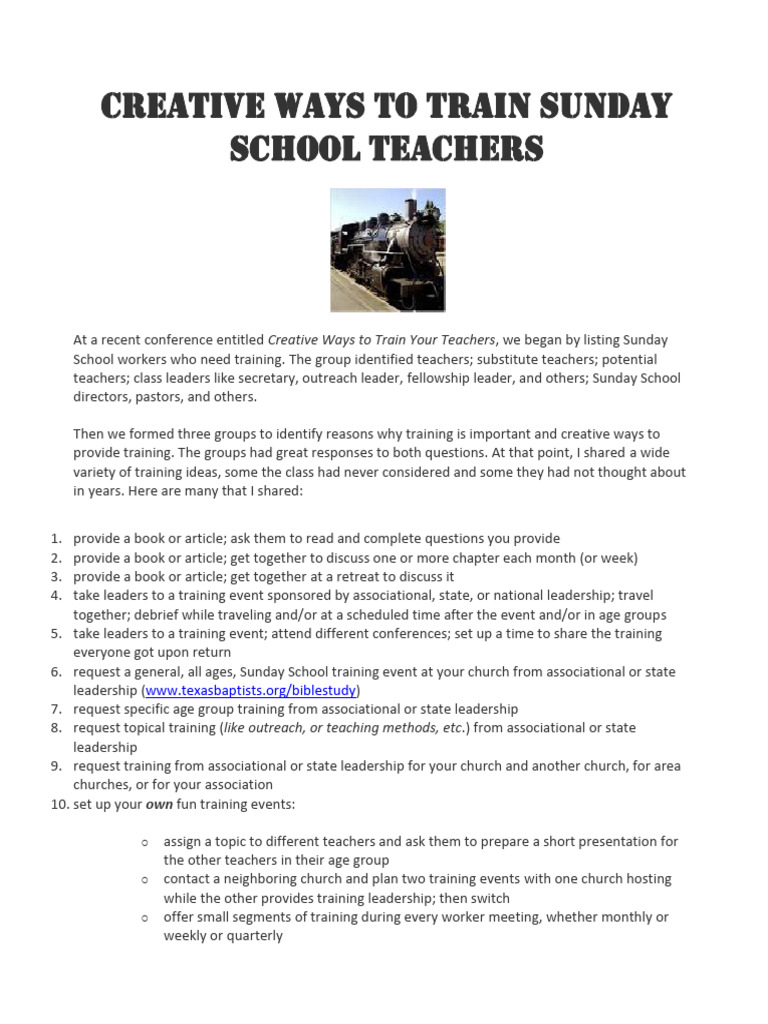 Creative Ways To Train Sunday School Teachers Pdf Teachers Leadership