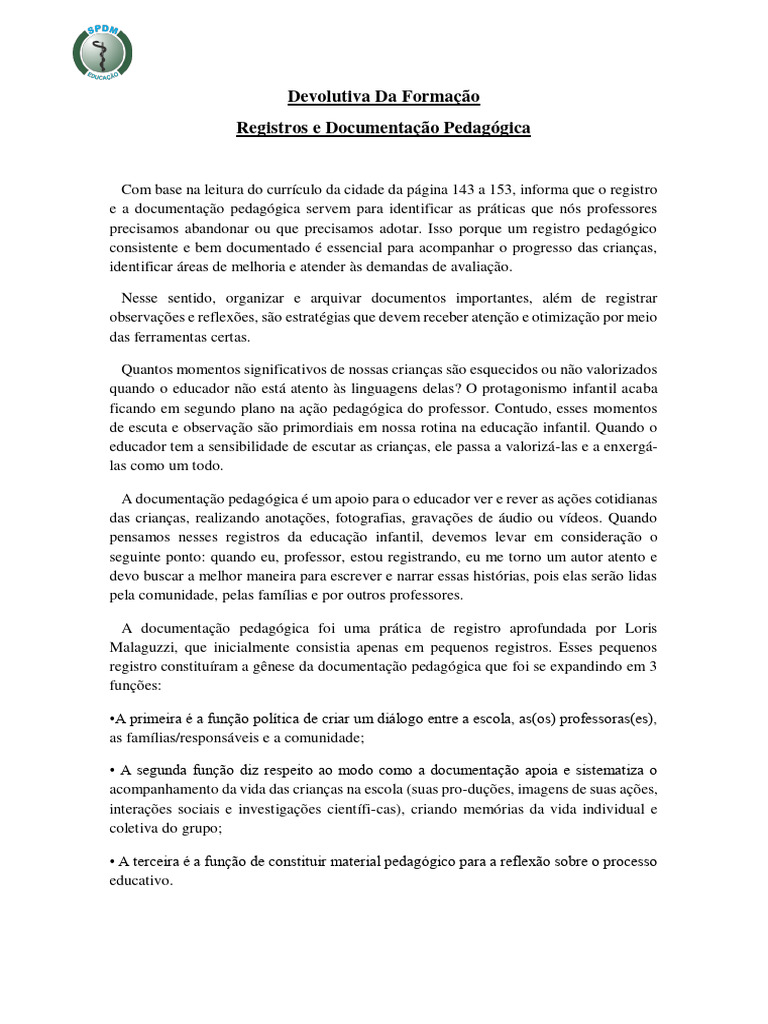 Devolutiva Registro E Documentação Pedagógica Pdf Pedagogia Pré