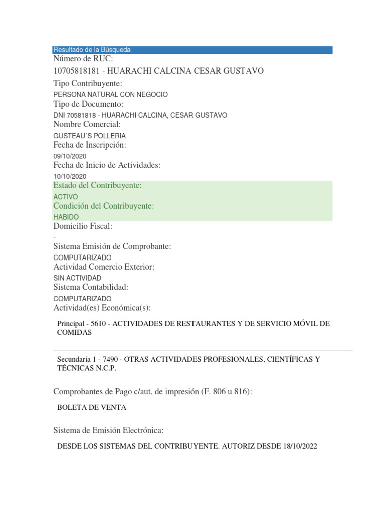 Consulta RUC: Huarachi Calcina César | PDF