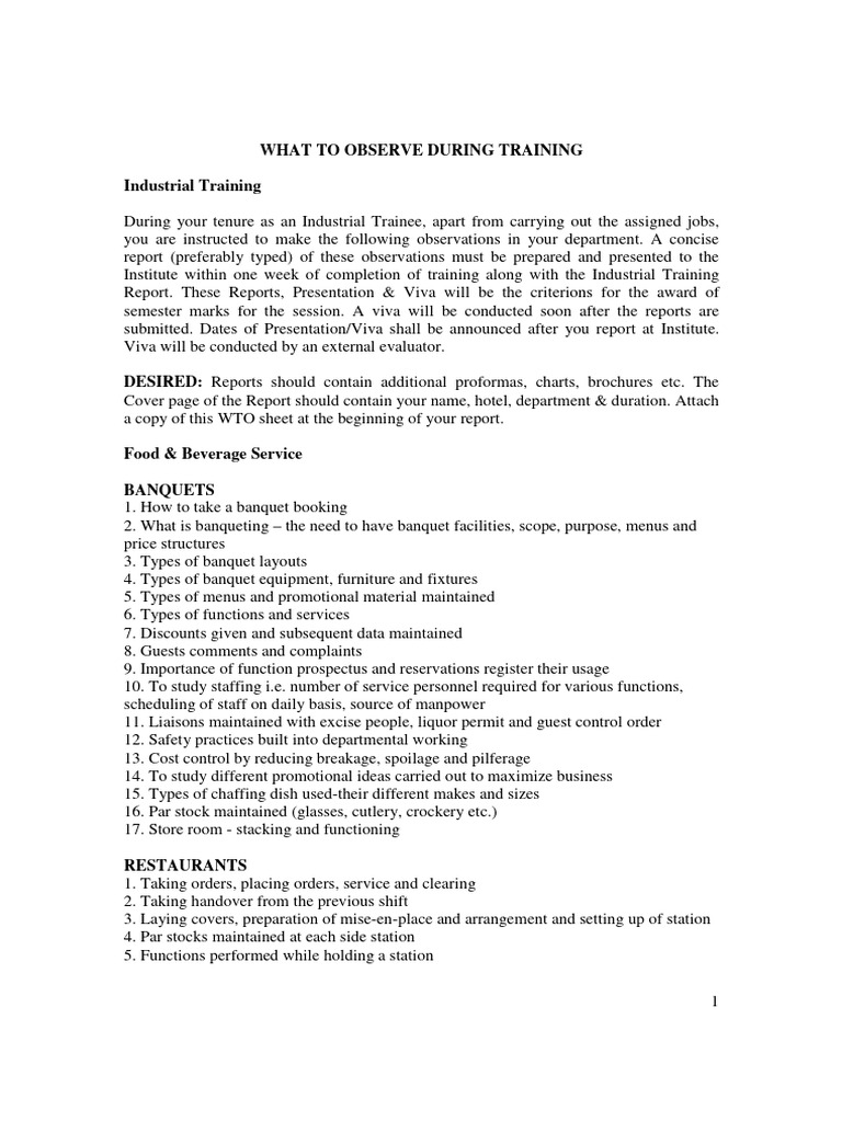Industrial Training Observation Guide | PDF | Tableware | Employment