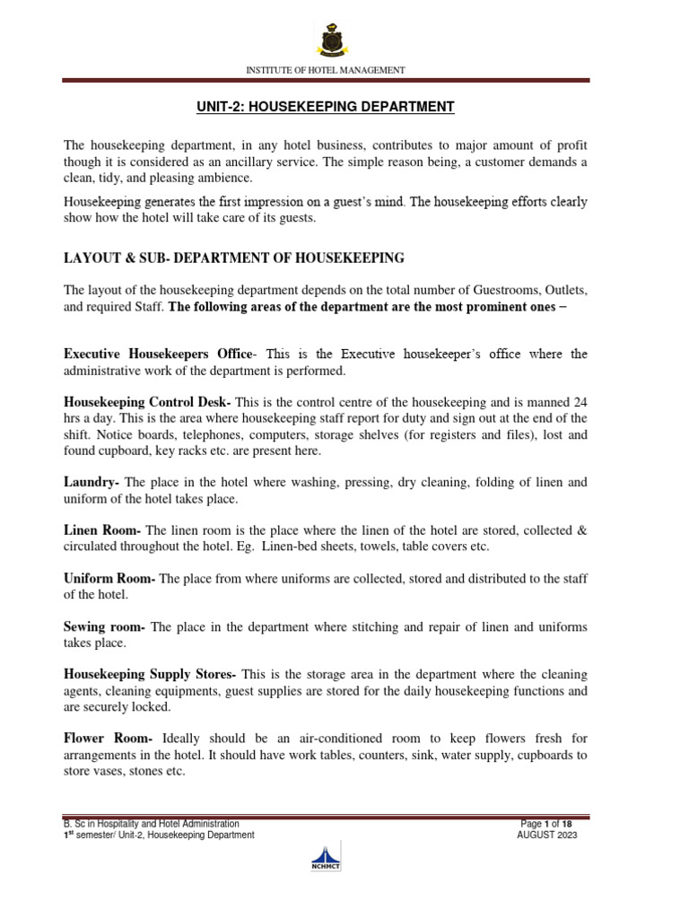 1285 Unit-2 Housekeeping Department | PDF | Laundry | Housekeeping