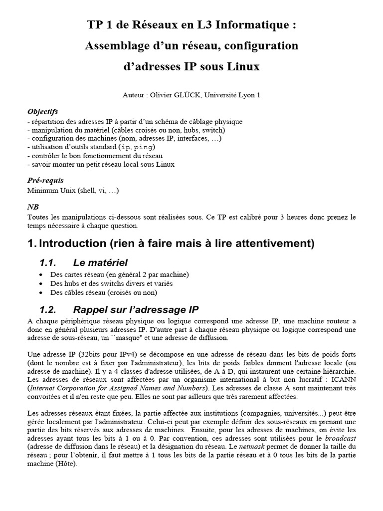 TP Réseaux L3 : Configuration IP Linux | PDF | Adresse IP | Protocoles ...