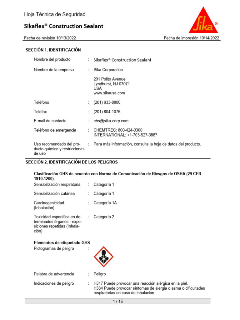 Sikaflex-Construction-Sealant-Spanish -Hoja de Seguridad | PDF | Cáncer ...