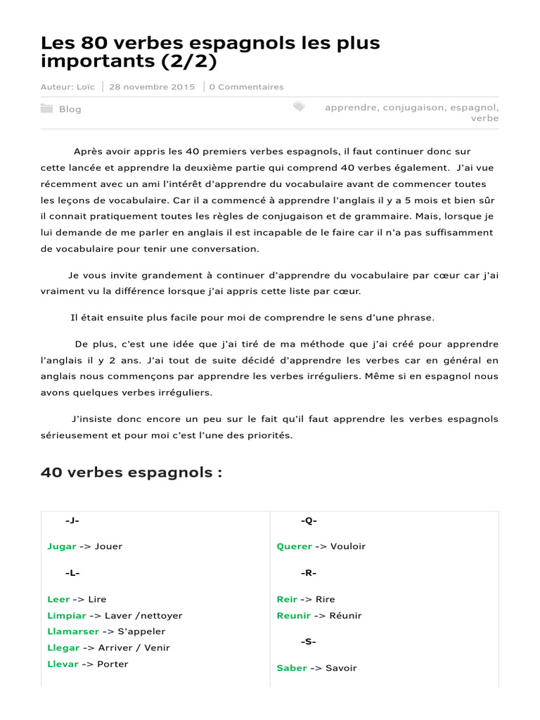 80 verbes essentiels en espagnol (2/2) | PDF | Verbe | Grammaire