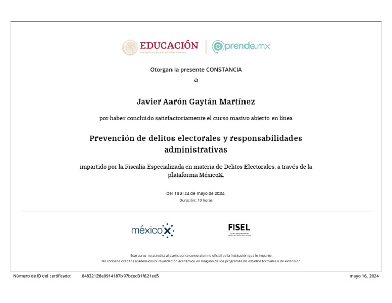 Constancia Curso Delitos Electorales | PDF