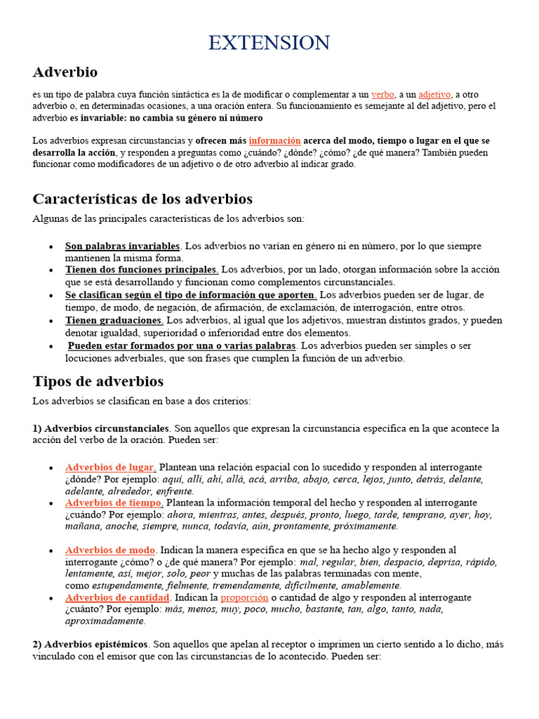Características y tipos de adverbios | PDF | Adverbio | Unidades Semánticas
