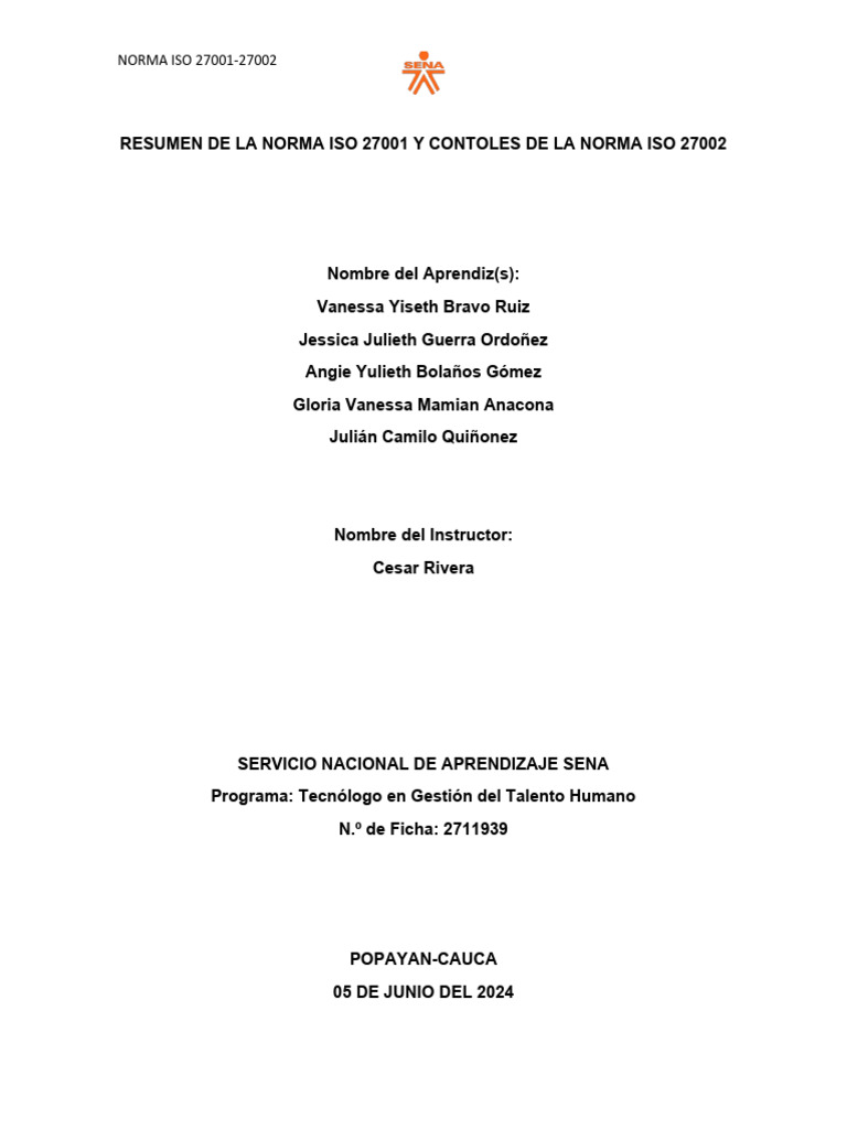Resumen de La Norma Iso 27001 y Contoles de La Norma Iso 27002 | PDF ...