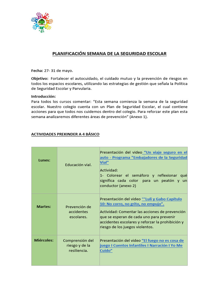 Planificación Semana de La Seguridad Escolar 2024 | PDF