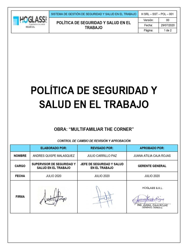 H SRL - SST - Pol - 001 Politica SST | PDF | Business | Valores