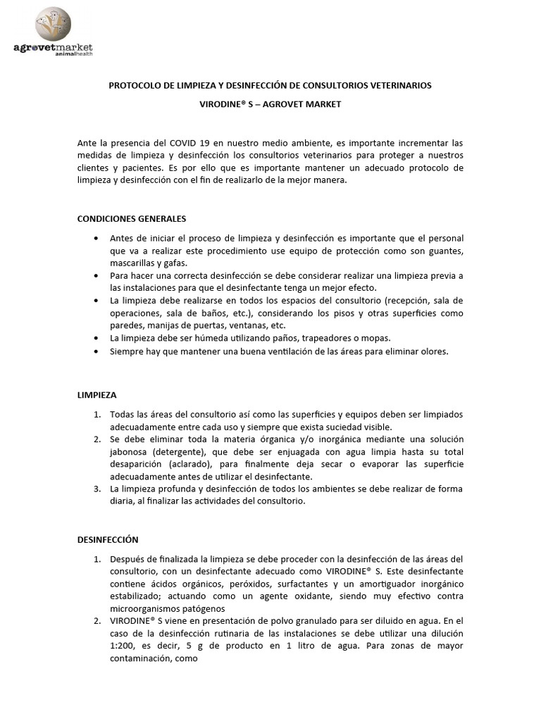 Protocolo Limpieza Desinfeccion Veterinarias 1 1 1253438cc | PDF | Agua