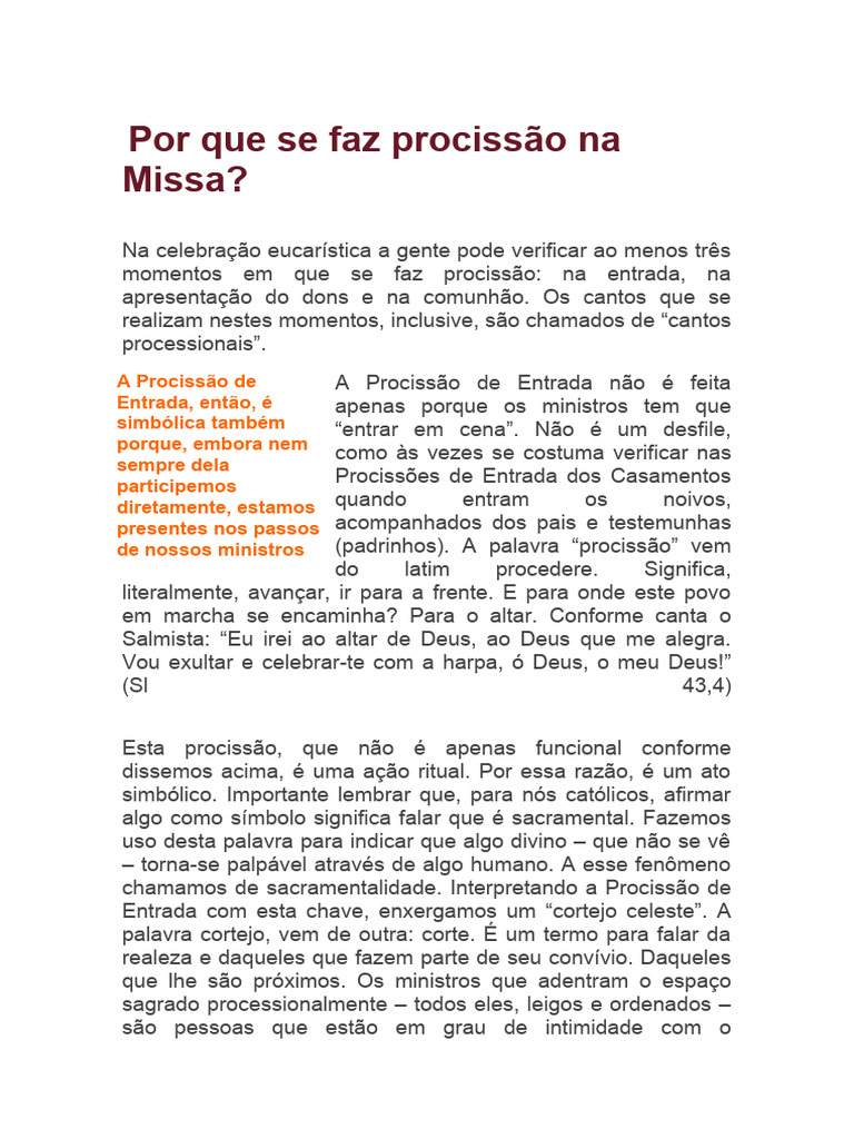 Significado da Procissão na Missa | PDF | Eucaristia | Igreja católica