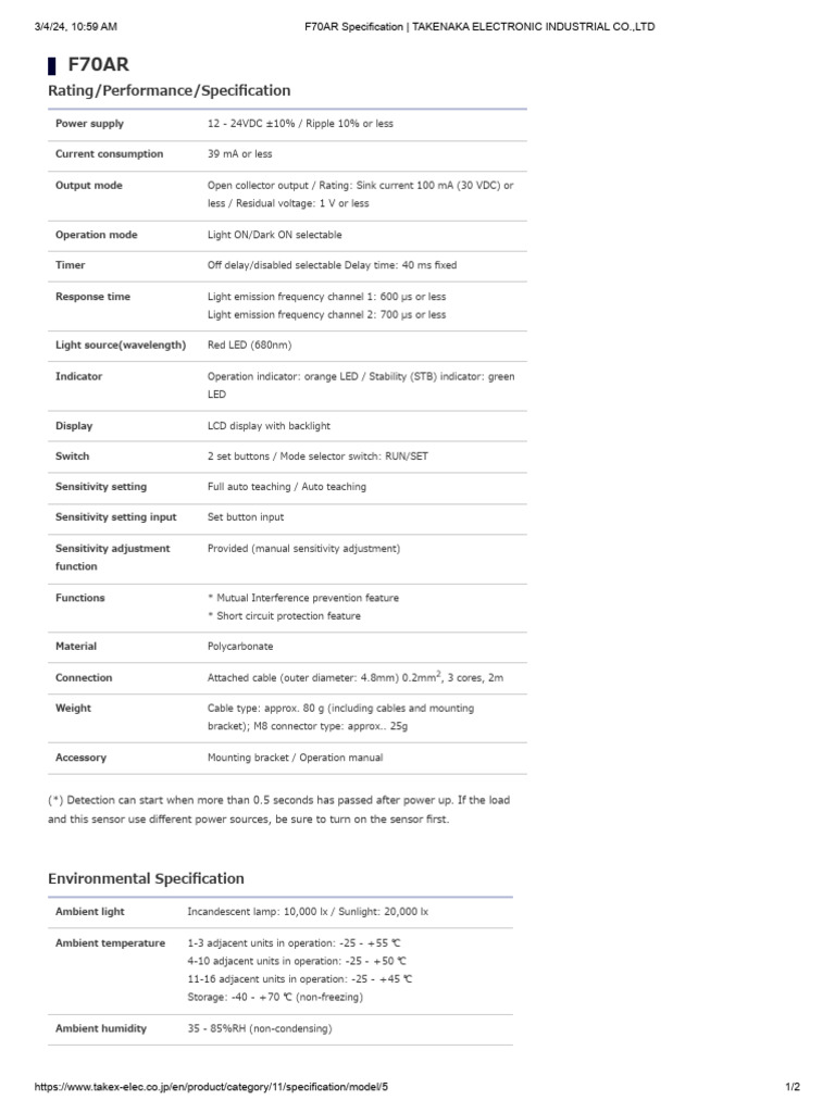 F70AR Sensor Specifications Overview | PDF | Power Supply | Electrical ...