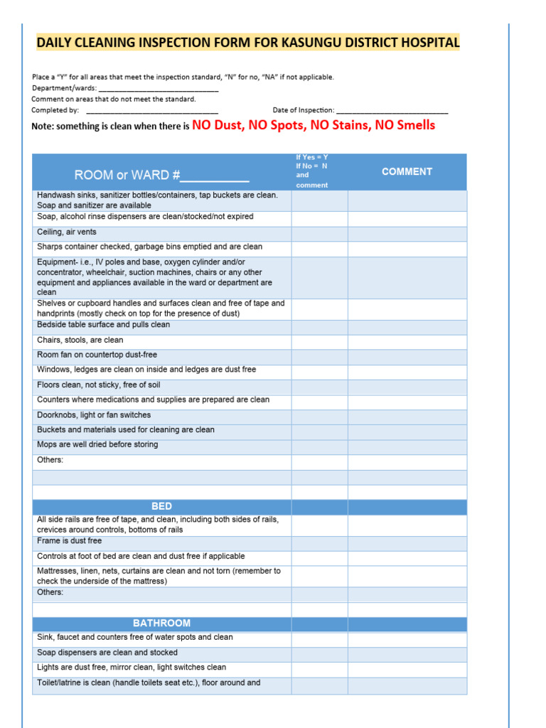 Daily Cleaning Inspection Form - Kasungu Hospital | PDF | Sink | Toilet